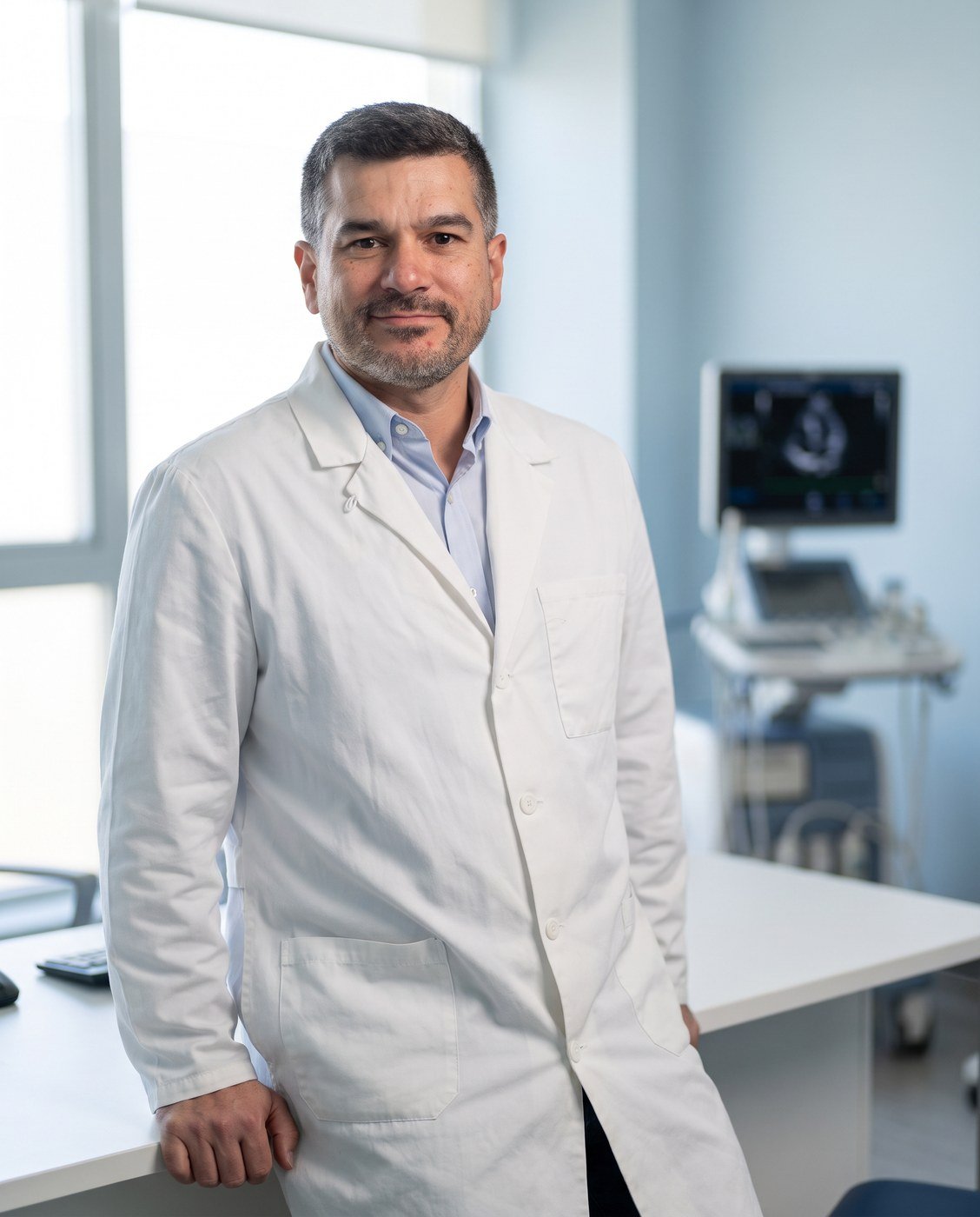 El Dr. Carlos Américo con túnica en su consultorio, con el ecógrafo detrás